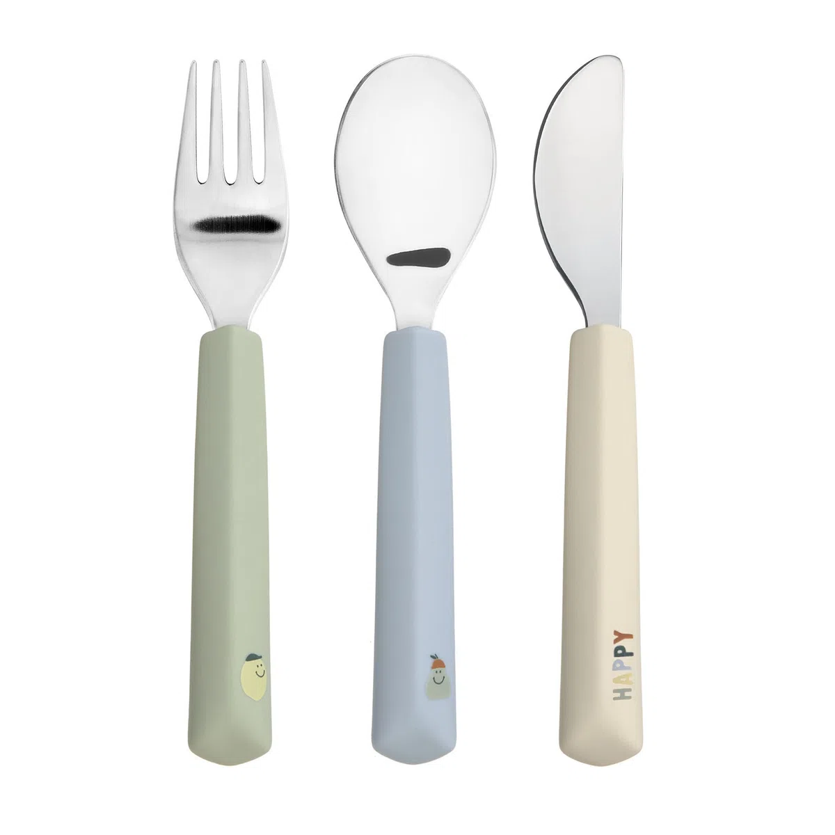 LÄSSIG Set de couverts pour enfants 3-pièces fourchette, cuillère, couteau acier inoxydable manche silicone/cutlery with Silicone Handle Happy Fruits Lemon