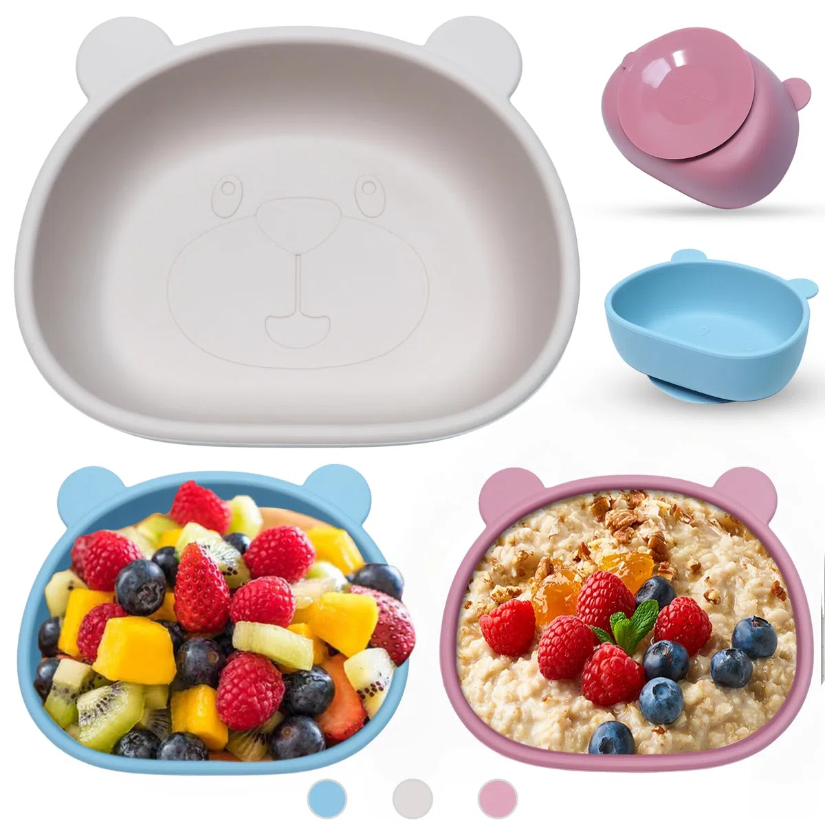 Lot de 3 Bols pour Bébés avec Ventouse, bols en silicone pour bébé, Assiette Ventouse, Anti-Dérapant Bol en silicone bébé, Sans BPA, Pour enfants et tout-petits(Bleu/Beige/Rose)