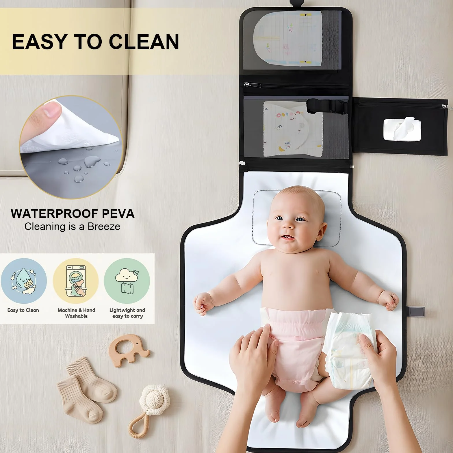 VINATO Matelas a Langer Bebe, Tapis à Langer Bébé Pliable et Portable avec Pochette Lingettes Humides, 70 x 56 cm, avec 5 Poches, Imperméable et Lavable pour les Déplacements, les Voyages