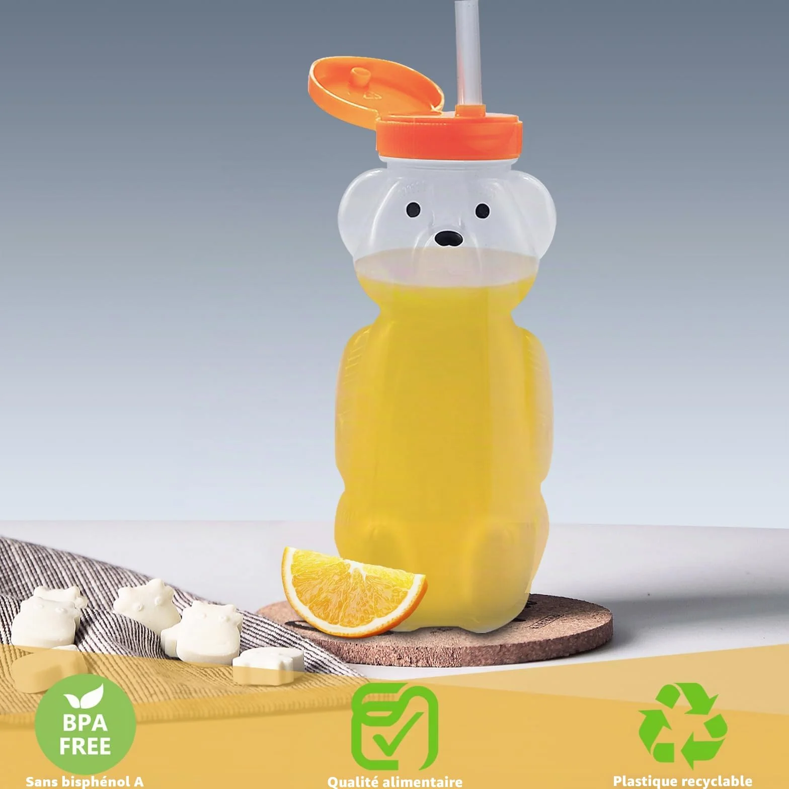 Gobelets en paille en forme d'ours à miel, réutilisables sans BPA, lot de 2 avec pailles et brosses