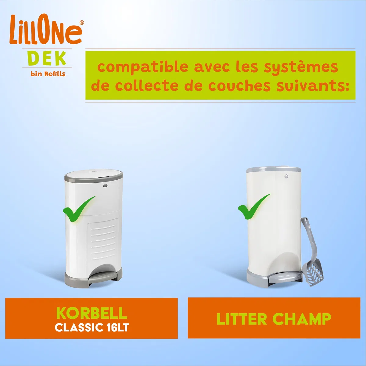 Sacs de Recharges LillOne Compatibles avec les Poubelles Korbell Classic 16 Litres et Litter Champ – Pack de 4 Recharges Poubelles à Couches - 12 Mètres de Recharge pour Litière Chats - Extra Longues
