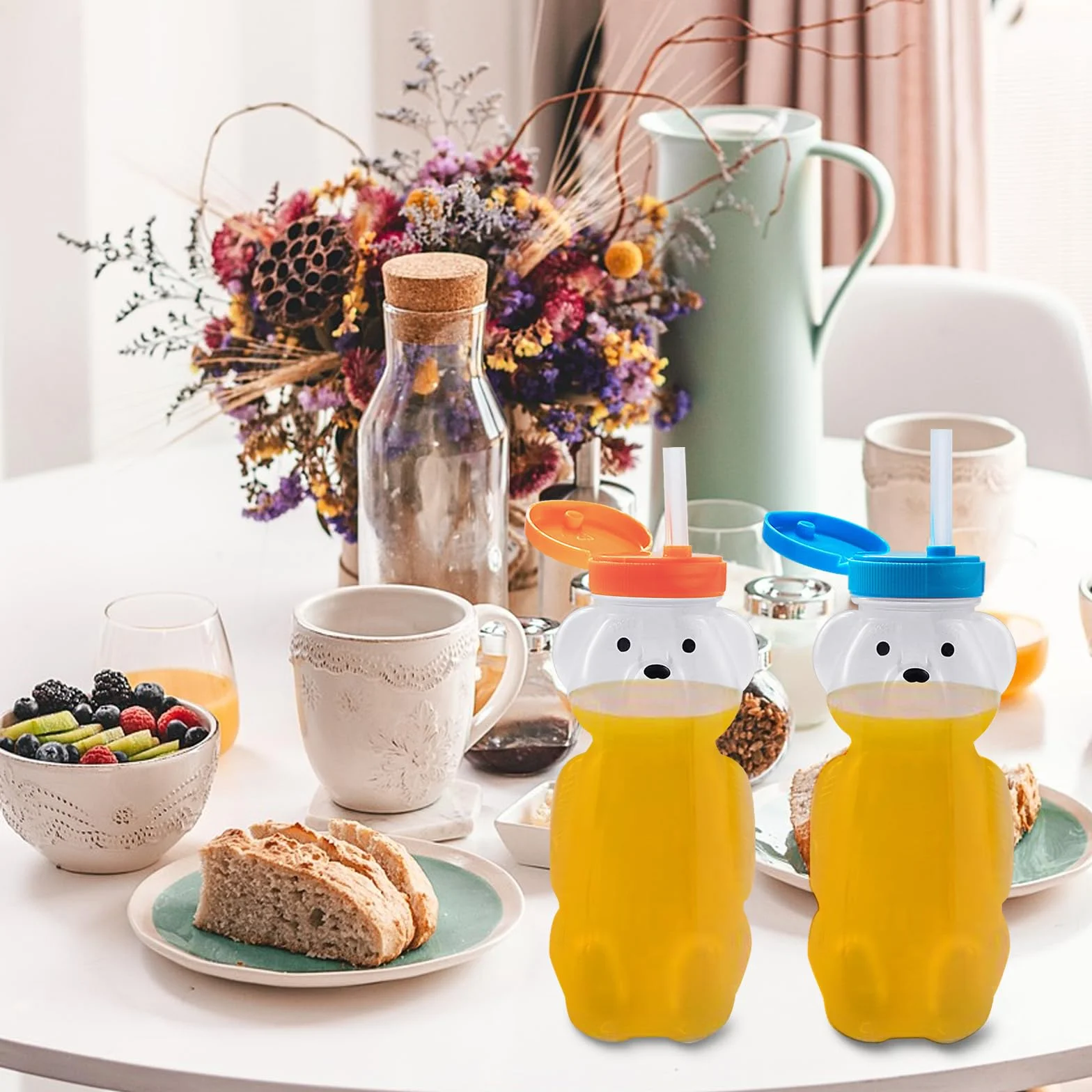 Gobelets en paille en forme d'ours à miel, réutilisables sans BPA, lot de 2 avec pailles et brosses
