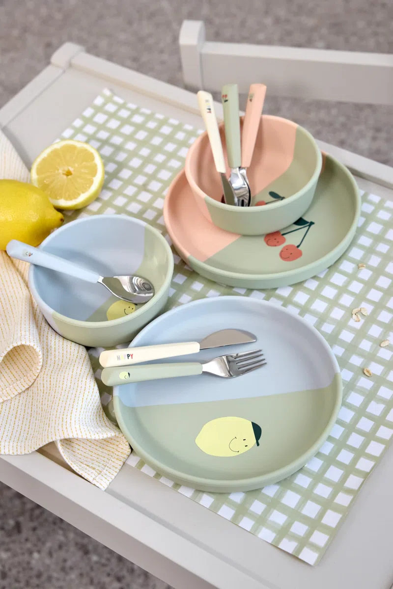 LÄSSIG Set de couverts pour enfants 3-pièces fourchette, cuillère, couteau acier inoxydable manche silicone/cutlery with Silicone Handle Happy Fruits Lemon
