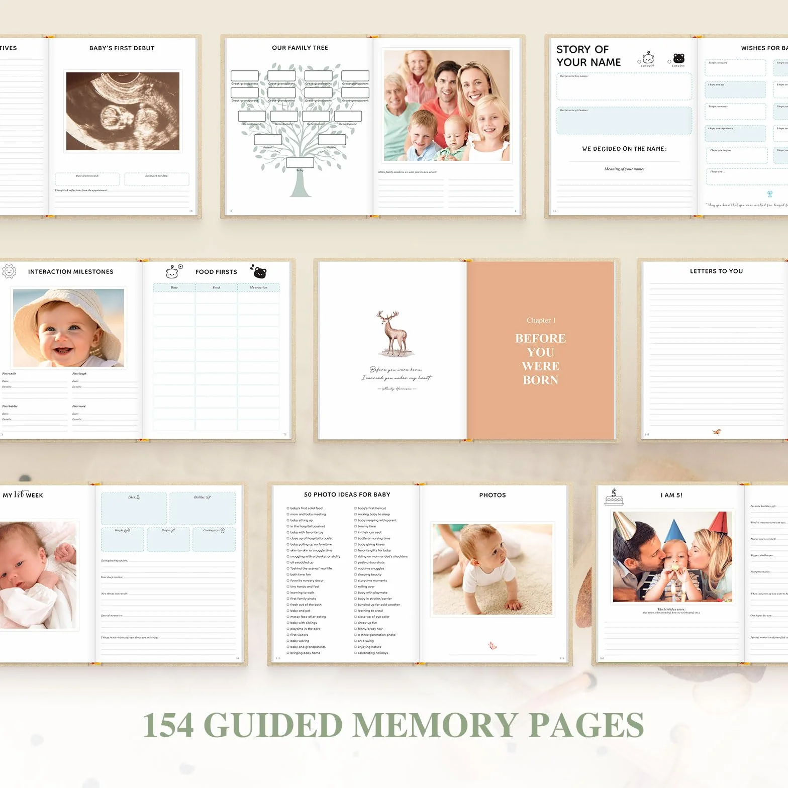 Lanpn Livre de Naissance Bébé Fille Garçon - Livre de Naissance Bebe 154 Pages Première Année à 5 Ans - Album Photo Journal Naissance Bébé pour Coller Photos Écrire Cadeau Naissance, Anglais, Vert