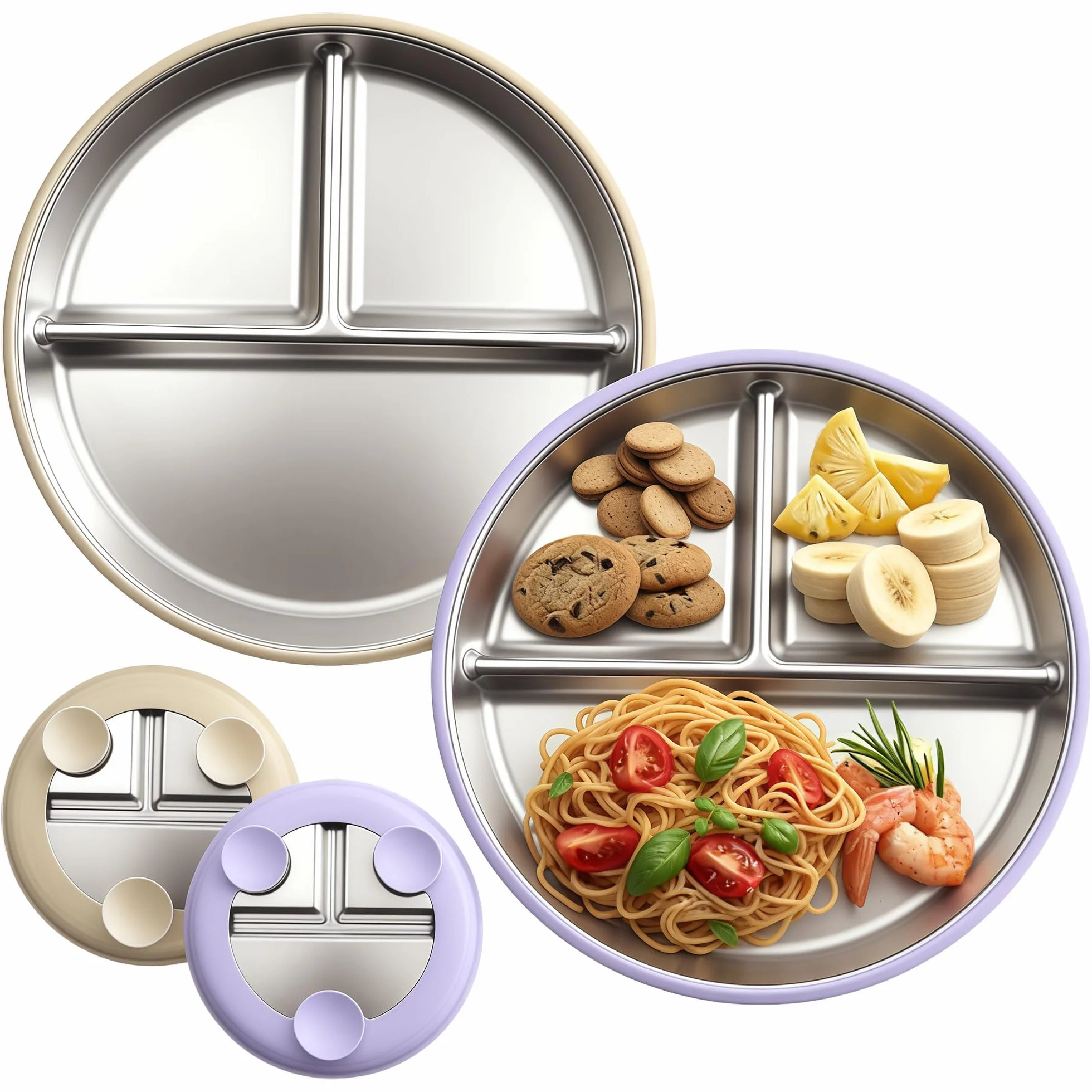 Lot de 2 assiettes pour bébé avec ventouse - En acier inoxydable - Antidérapantes - Sans BPA - Couvercle en silicone amovible - Passe au lave-vaisselle - Idéal pour encourager les repas