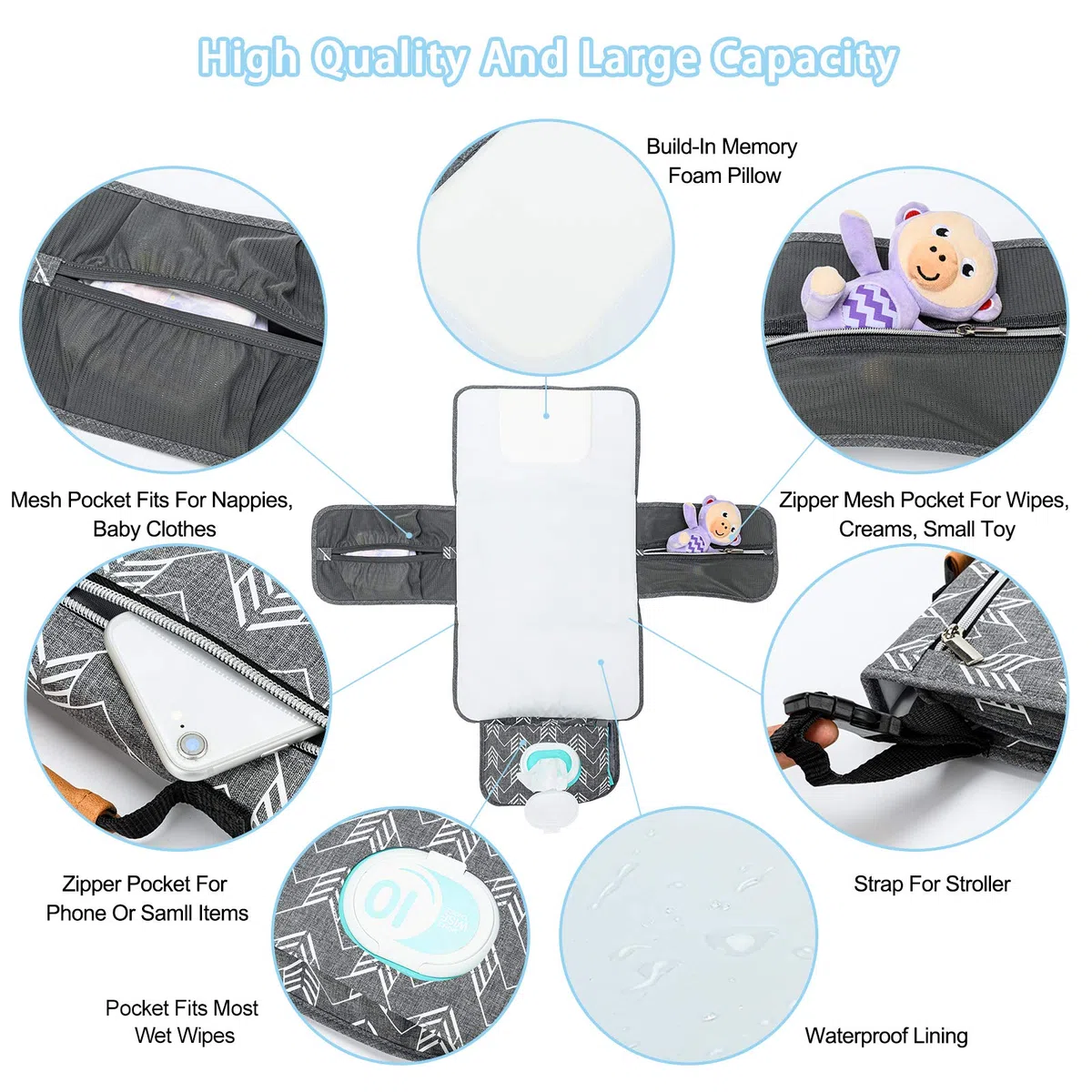 Matelas à langer portable avec poches de rangement pour tout-petits, nourrissons et nouveau-nés, gris