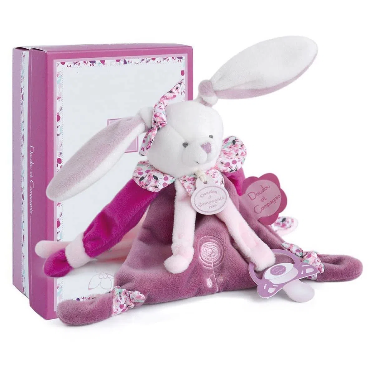 Doudou et Compagnie - Doudou Attache Tétine, Sucette - Lapin Cerise Rose - Boite Cadeau - 17 Cm - Idée Cadeau de Naissance Fille - Garantie Doudou Perdu - DC2701