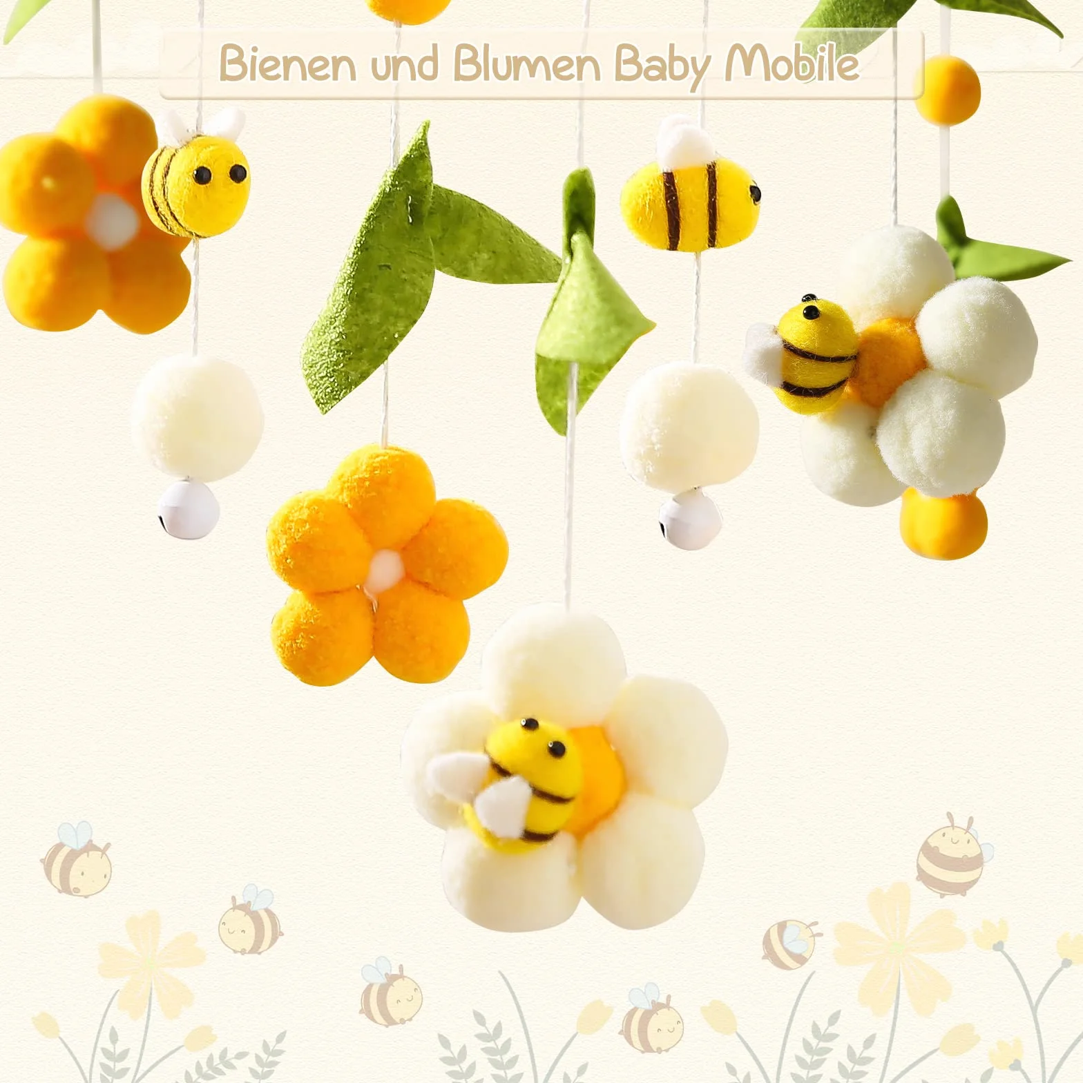 let's make Mobile bébé en bois + pelote de laine, carillon éolien, table à langer, clochette de lit suspendue, étoiles et lune, cadeau pour bébé fille ou garçon (Abeilles)