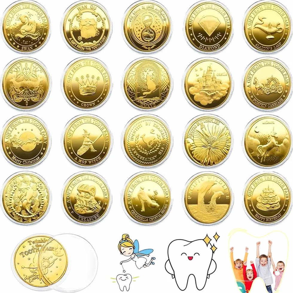 20 Pièces Pièce de Fée des Dents, Cadeau Fée des Dents avec Différents Motifs, Pièces Dent Fairy, Bébé Dents Croissance Cadeaux pour Garçons et Filles