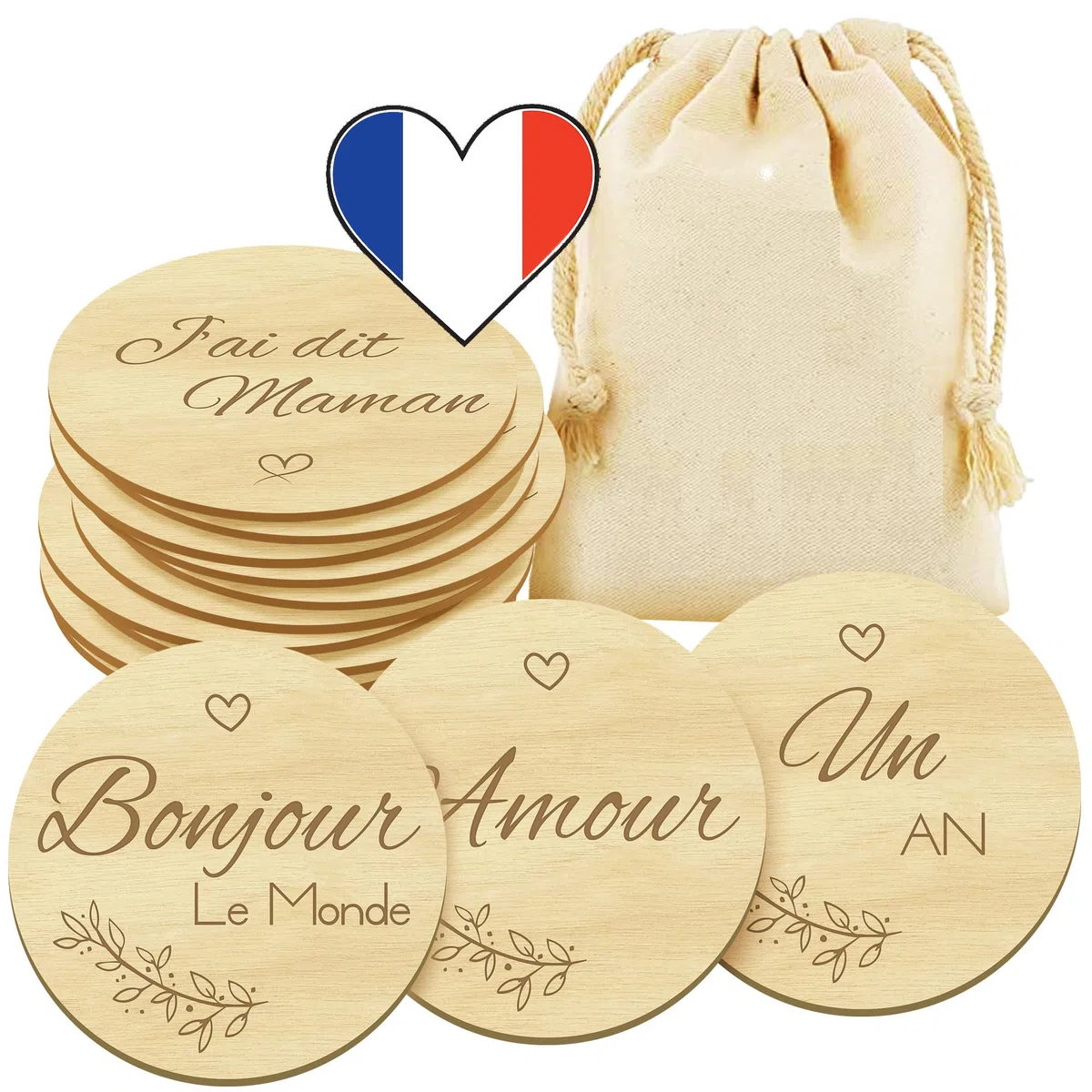 Carte Etape Bébé Bois - Cartes 30 Moments Nouveau Né Mois par Mois et 1ère Fois | Pochette + 15 Disques Gravés Recto Verso + Support en Bois inclus - Cadeau de Naissance et Grossesse