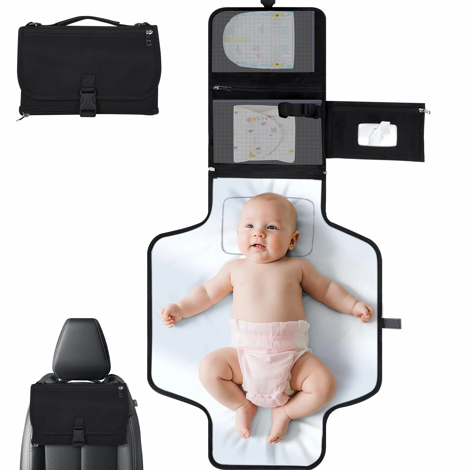VINATO Matelas a Langer Bebe, Tapis à Langer Bébé Pliable et Portable avec Pochette Lingettes Humides, 70 x 56 cm, avec 5 Poches, Imperméable et Lavable pour les Déplacements, les Voyages