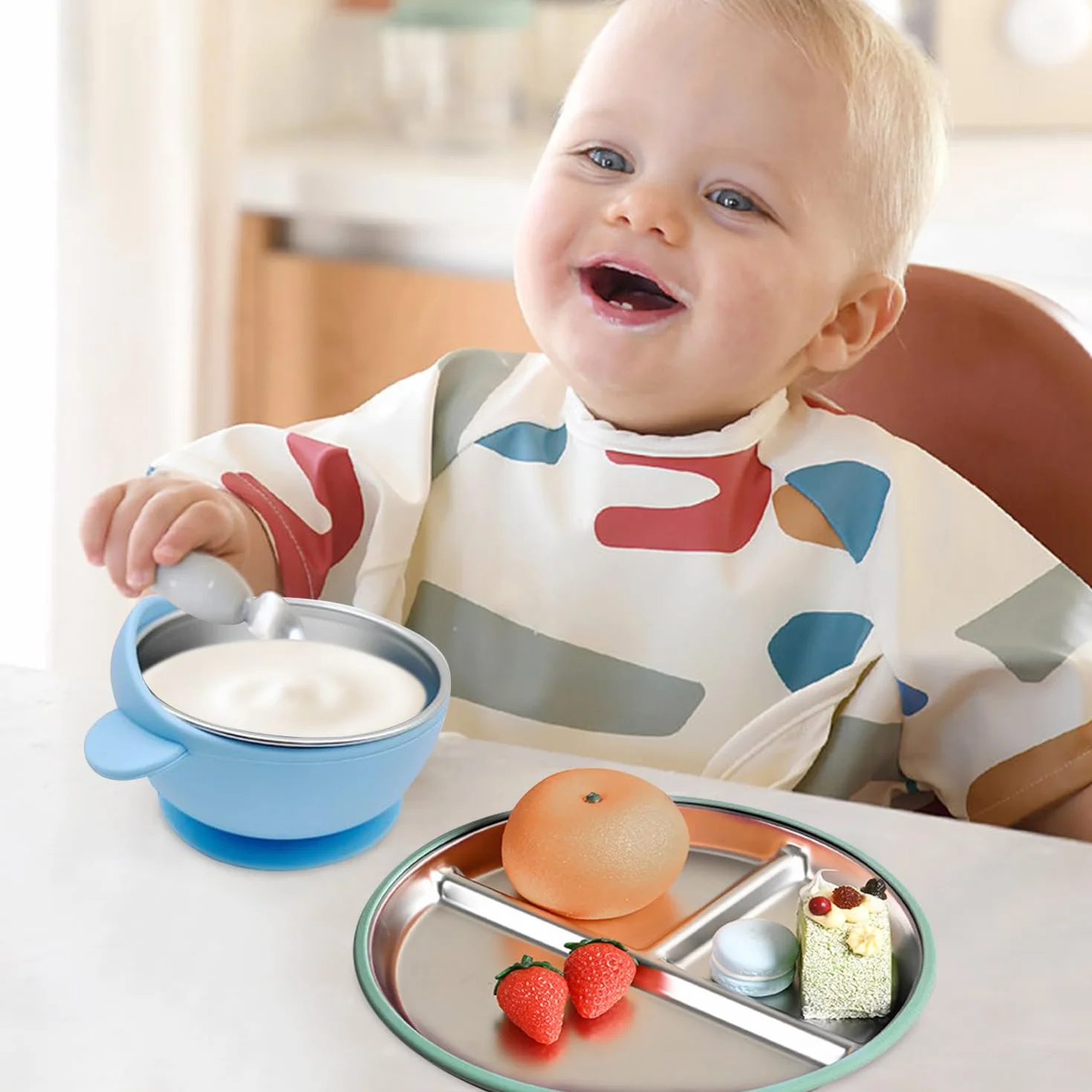 Assiette Bébé Ventouse et Bols en Acier Inoxydable et Silicone, Résistants aux Chutes, Lavables au Lave-Vaisselle, 4 Pièces, Bleu et Vert