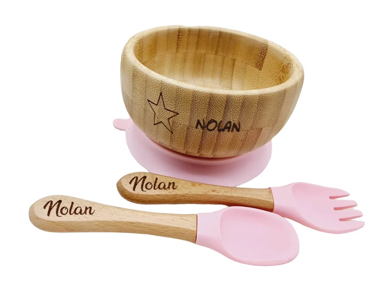 Bol et couverts personnalisés au prénom de l'enfant - Cadeau Noel - Cadeau Anniversaire -Diversification alimentaire - Idée Cadeau Originale