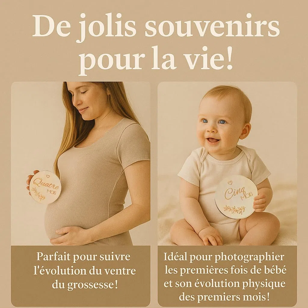 Carte Etape Bébé Bois - Cartes 30 Moments Nouveau Né Mois par Mois et 1ère Fois | Pochette + 15 Disques Gravés Recto Verso + Support en Bois inclus - Cadeau de Naissance et Grossesse