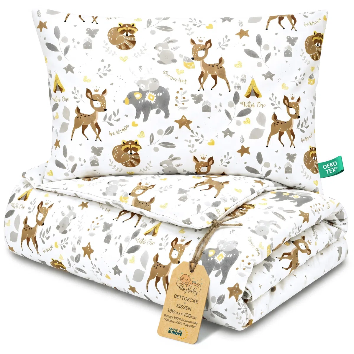 Totsy Baby Couette Enfant en Coton 100x135 Couverture pour Bebe Parure Duvet pour lit bébé 100 x 135 cm et Oreiller 60 x 40 cm Oeko-Tex Cerf