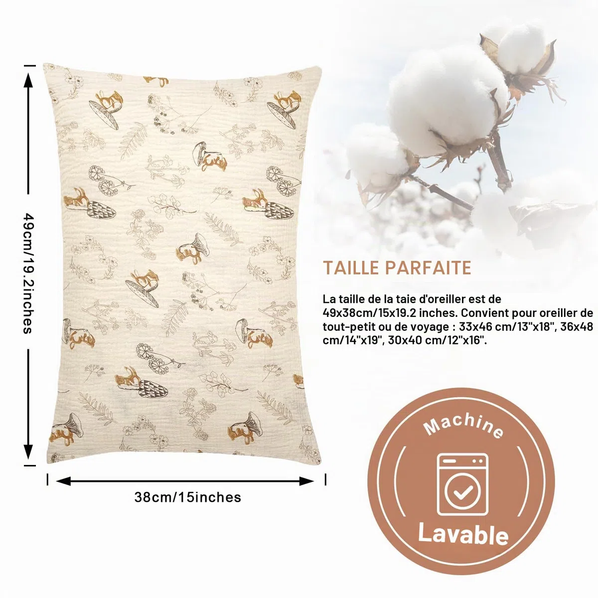Taies d'oreiller en mousseline 100 % coton Lot de 2 pour oreillers d'enfant, oreillers de voyage pour tout-petits avec fermeture à enveloppe pour 33 x 45,7 cm, 35,6 x 48,3 cm, 30,5 x 40,6 cm