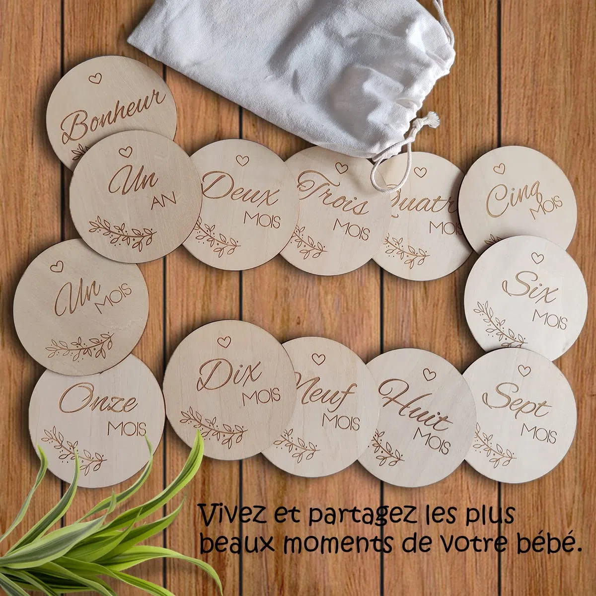 Carte Etape Bébé Bois - Cartes 30 Moments Nouveau Né Mois par Mois et 1ère Fois | Pochette + 15 Disques Gravés Recto Verso + Support en Bois inclus - Cadeau de Naissance et Grossesse