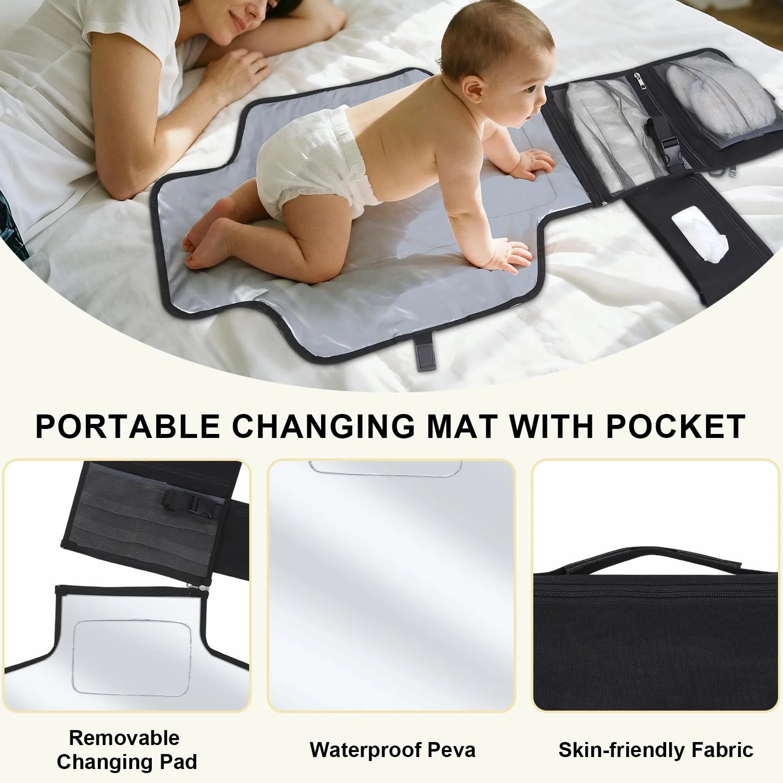 VINATO Matelas a Langer Bebe, Tapis à Langer Bébé Pliable et Portable avec Pochette Lingettes Humides, 70 x 56 cm, avec 5 Poches, Imperméable et Lavable pour les Déplacements, les Voyages