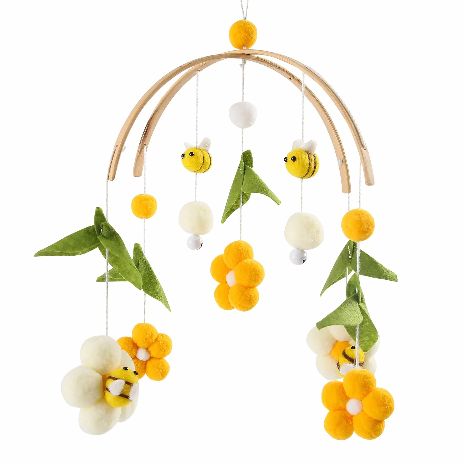 let's make Mobile bébé en bois + pelote de laine, carillon éolien, table à langer, clochette de lit suspendue, étoiles et lune, cadeau pour bébé fille ou garçon (Abeilles)